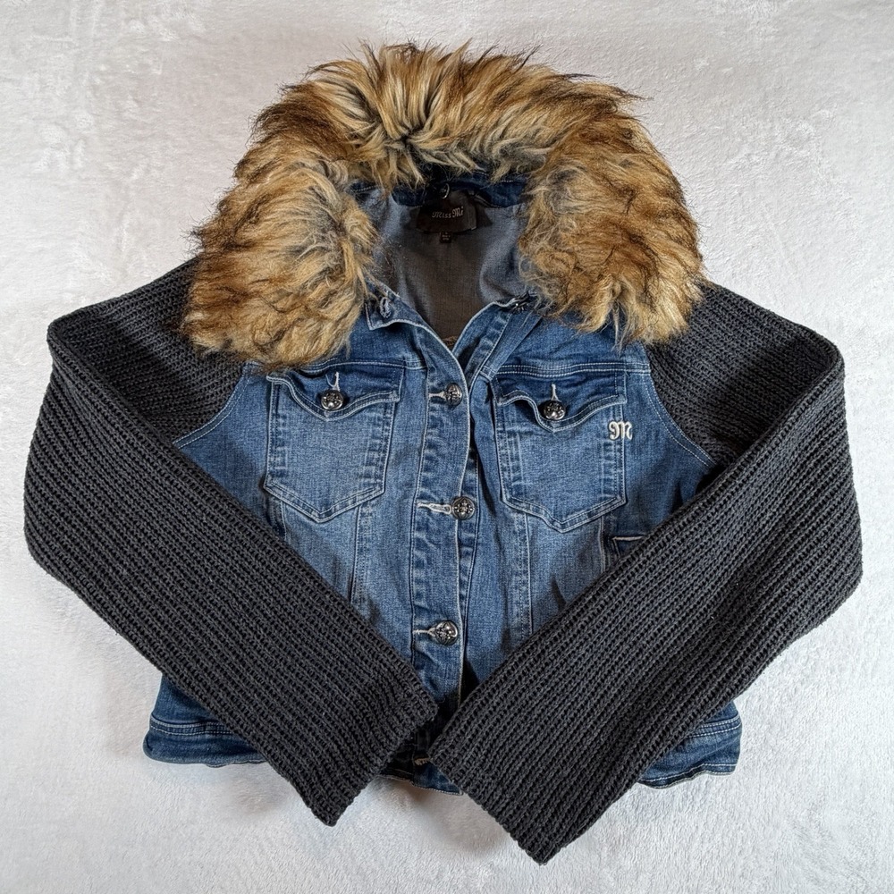 Miss Me Jacket Juniors Sz L Blue Gray Faux Fur Collar Denim Cropped Knit Sleeves